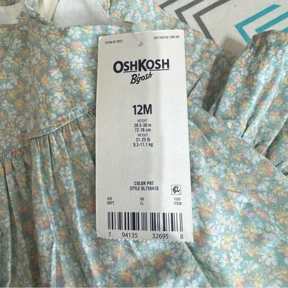 OshKosh B’gosh Girls Mint Floral Tiered Ruffled Dress w/Bloomers